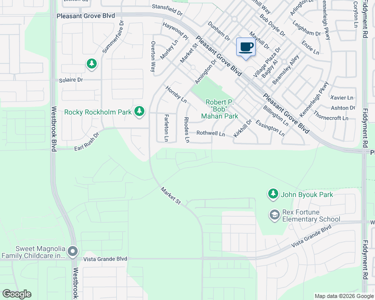 map of restaurants, bars, coffee shops, grocery stores, and more near 2065 Rhodes Lane in Roseville