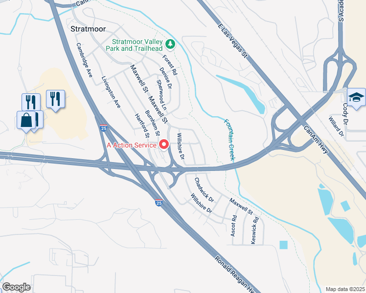 map of restaurants, bars, coffee shops, grocery stores, and more near 1404 Willshire Drive in Colorado Springs