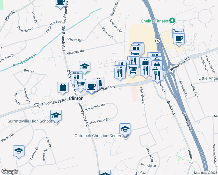 map of restaurants, bars, coffee shops, grocery stores, and more near 8967 Woodyard Road in Clinton