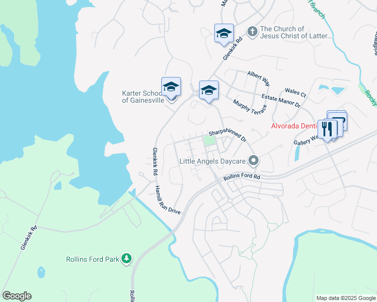 map of restaurants, bars, coffee shops, grocery stores, and more near 8826 Screech Owl Court in Gainesville