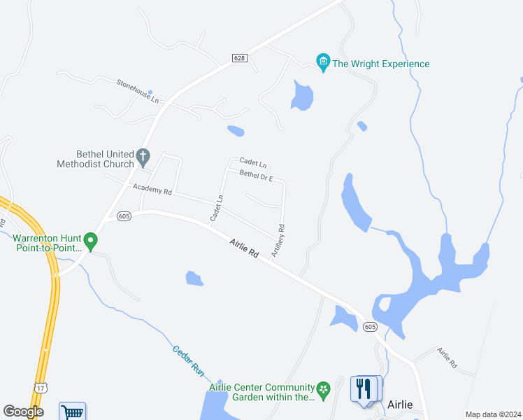 map of restaurants, bars, coffee shops, grocery stores, and more near 7121 Meadow Street in Warrenton