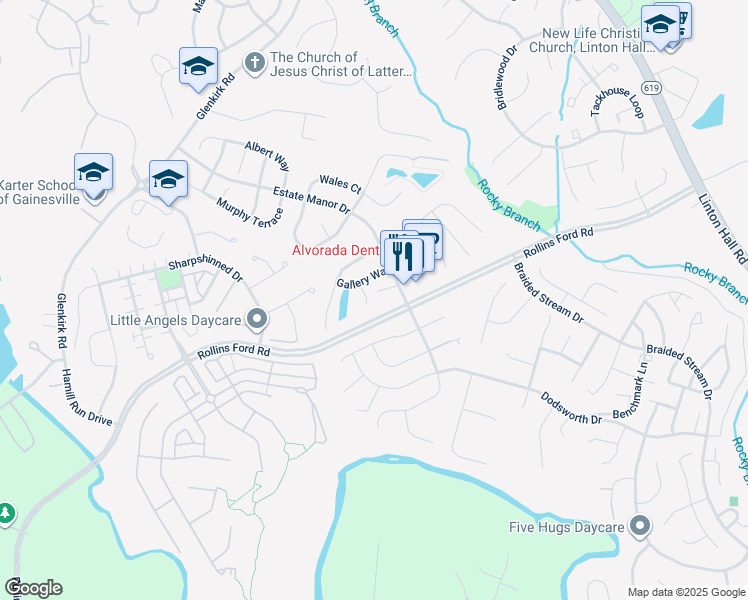 map of restaurants, bars, coffee shops, grocery stores, and more near 8797 Dancer Court in Gainesville