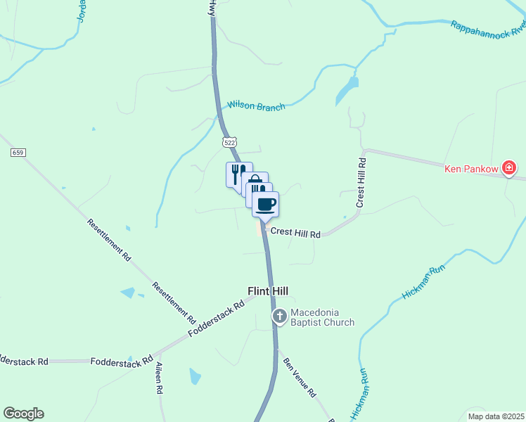 map of restaurants, bars, coffee shops, grocery stores, and more near 664 Zachary Taylor Highway in Flint Hill