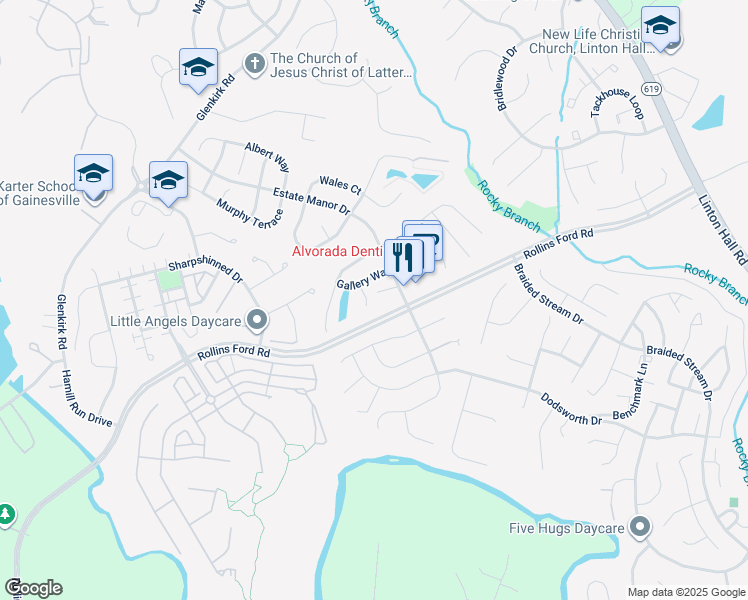 map of restaurants, bars, coffee shops, grocery stores, and more near 8797 Dancer Court in Gainesville