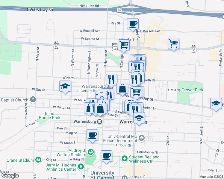 map of restaurants, bars, coffee shops, grocery stores, and more near 123 East Gay Street in Warrensburg