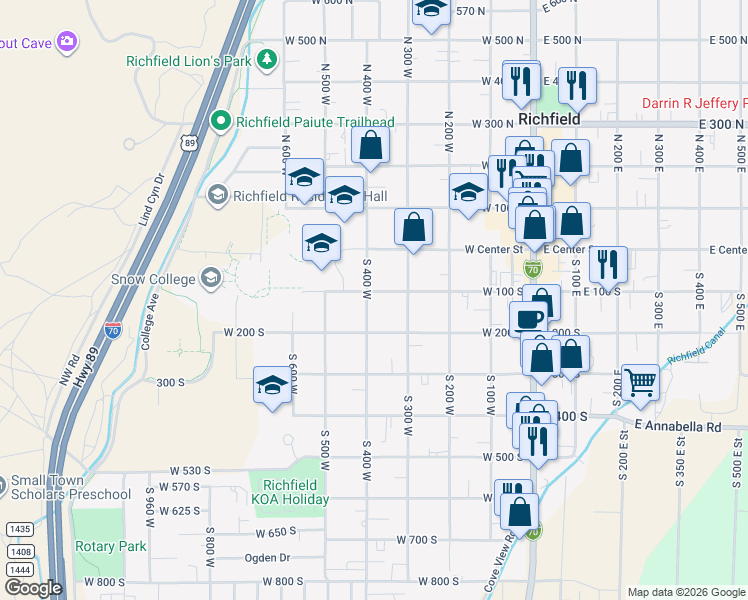 map of restaurants, bars, coffee shops, grocery stores, and more near 144 South 400 West in Richfield