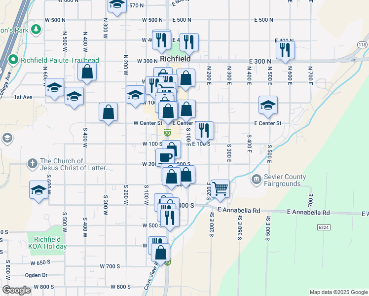 map of restaurants, bars, coffee shops, grocery stores, and more near 158 South 100 East in Richfield
