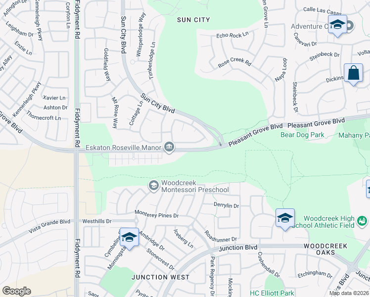 map of restaurants, bars, coffee shops, grocery stores, and more near 1721 Pleasant Grove Boulevard in Roseville