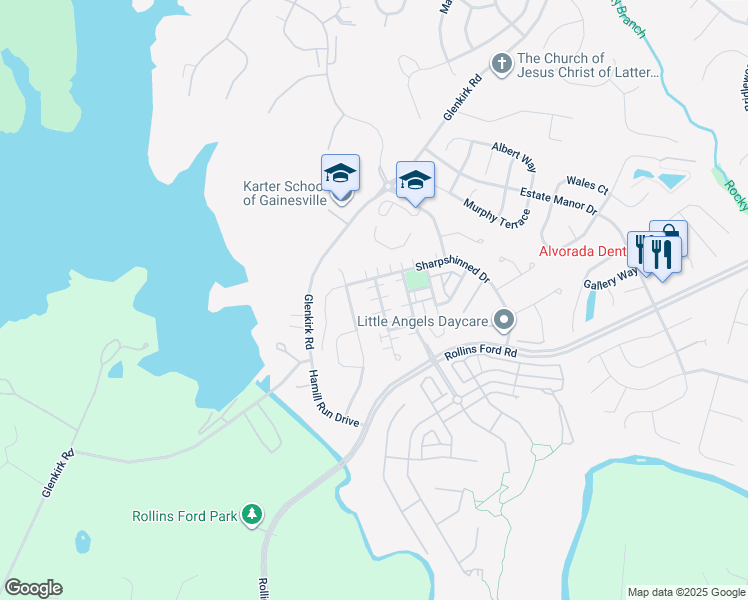 map of restaurants, bars, coffee shops, grocery stores, and more near 8826 Screech Owl Court in Gainesville