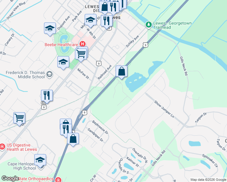 map of restaurants, bars, coffee shops, grocery stores, and more near Theo C Freeman Memorial Highway in Lewes