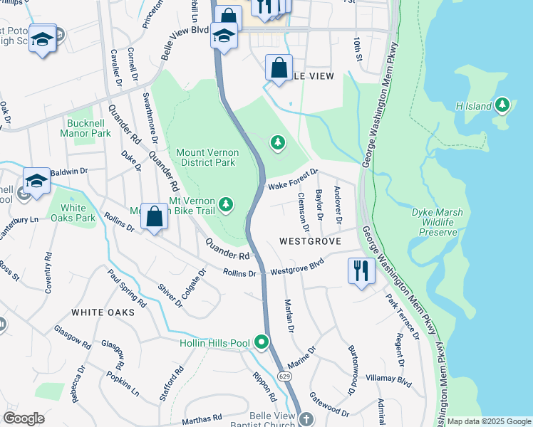 map of restaurants, bars, coffee shops, grocery stores, and more near 1505 Middlebury Drive in Alexandria
