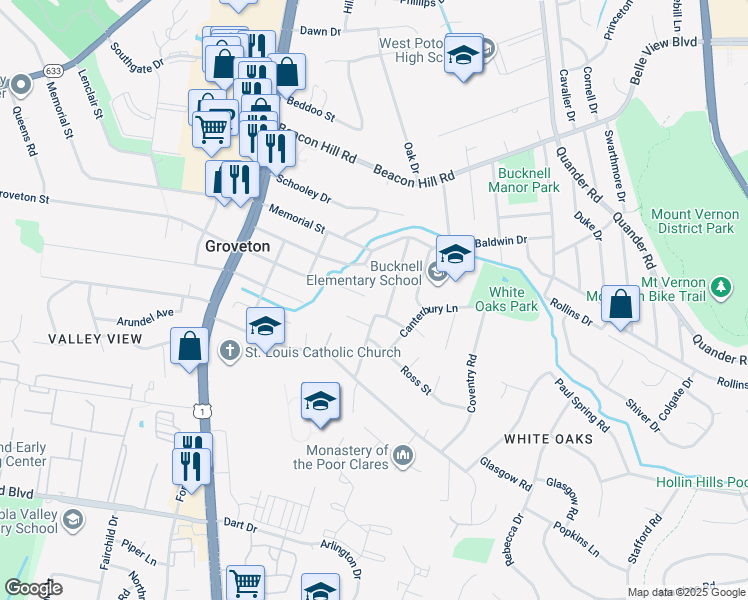 map of restaurants, bars, coffee shops, grocery stores, and more near 2603 Groveton Street in Groveton