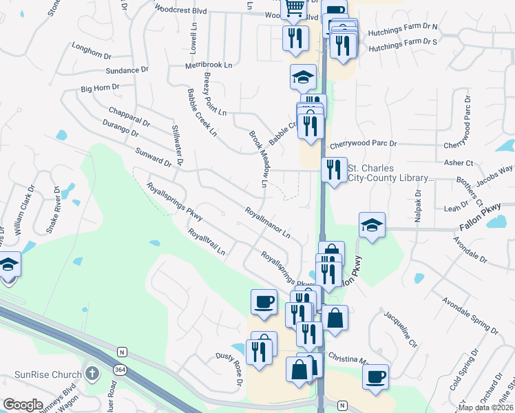 map of restaurants, bars, coffee shops, grocery stores, and more near 2749 Royallvalley Way in O'Fallon