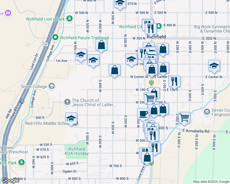 map of restaurants, bars, coffee shops, grocery stores, and more near 154 South 300 West in Richfield