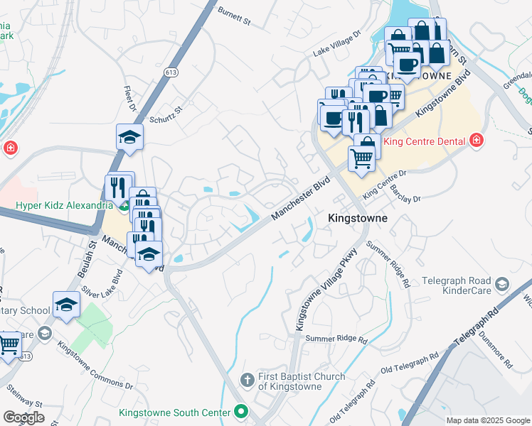 map of restaurants, bars, coffee shops, grocery stores, and more near 6922 Mary Caroline Circle in Franconia