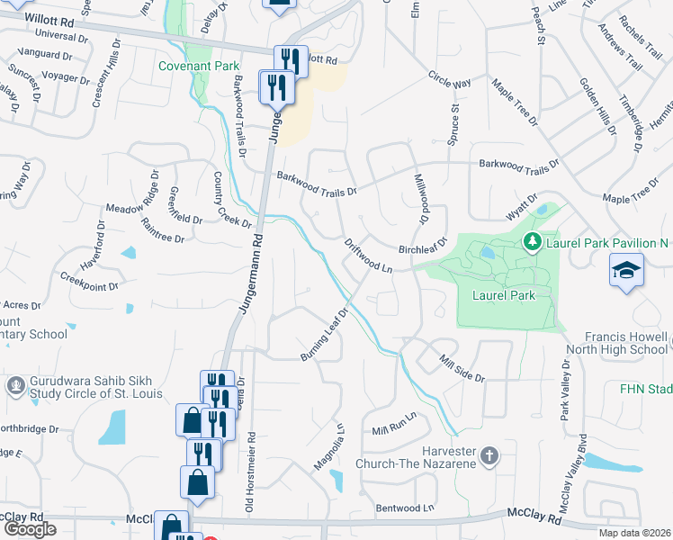 map of restaurants, bars, coffee shops, grocery stores, and more near 207 Birchwood Drive in St. Peters