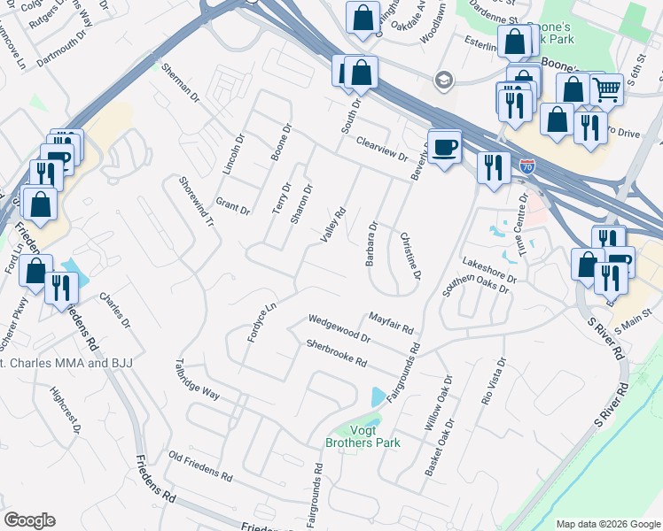 map of restaurants, bars, coffee shops, grocery stores, and more near 33 Highland Drive in Saint Charles