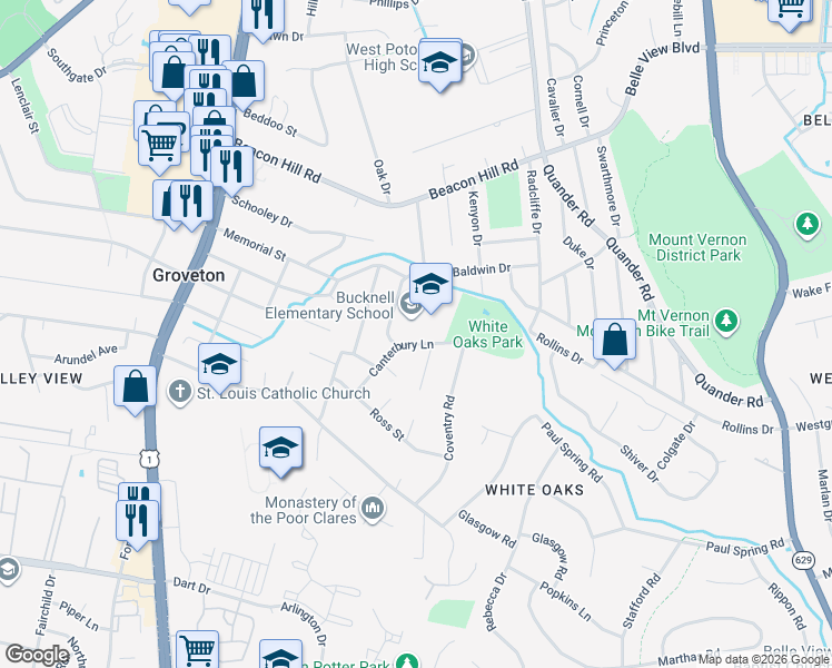 map of restaurants, bars, coffee shops, grocery stores, and more near 6925 University Drive in Alexandria