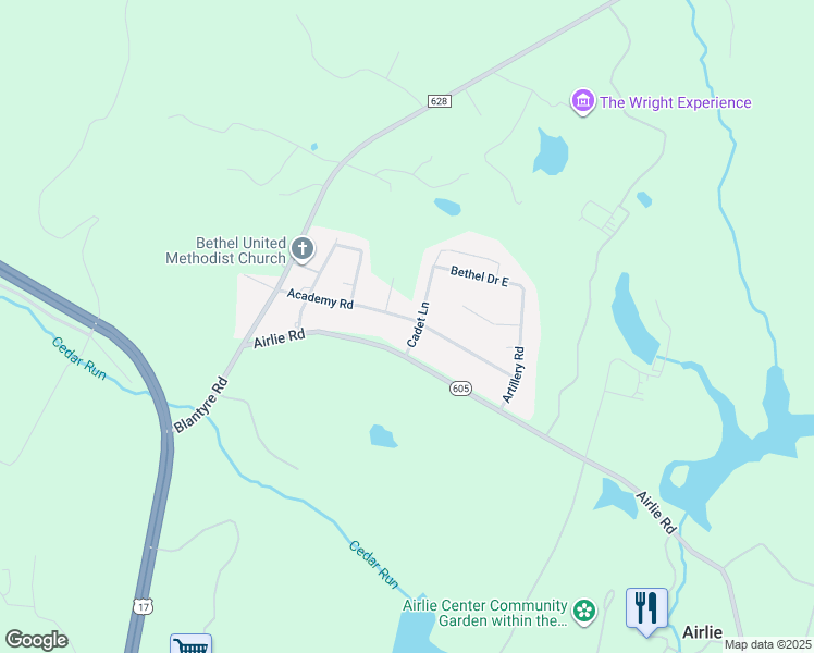 map of restaurants, bars, coffee shops, grocery stores, and more near 7177 Academy Road in Warrenton