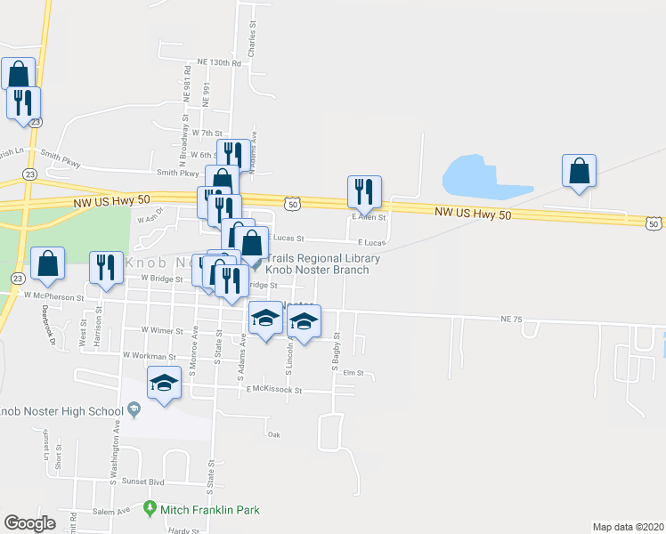 map of restaurants, bars, coffee shops, grocery stores, and more near 203 Center Street in Knob Noster
