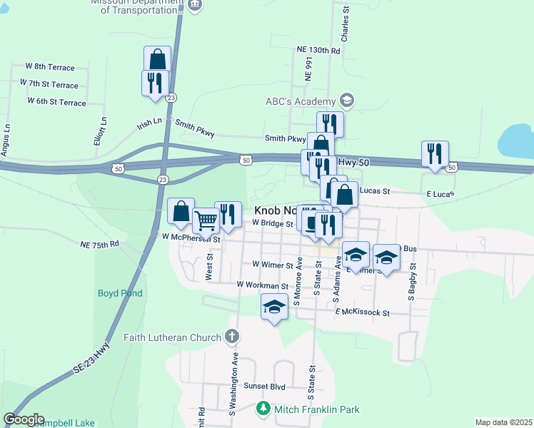 map of restaurants, bars, coffee shops, grocery stores, and more near 307 West Bridge Street in Knob Noster
