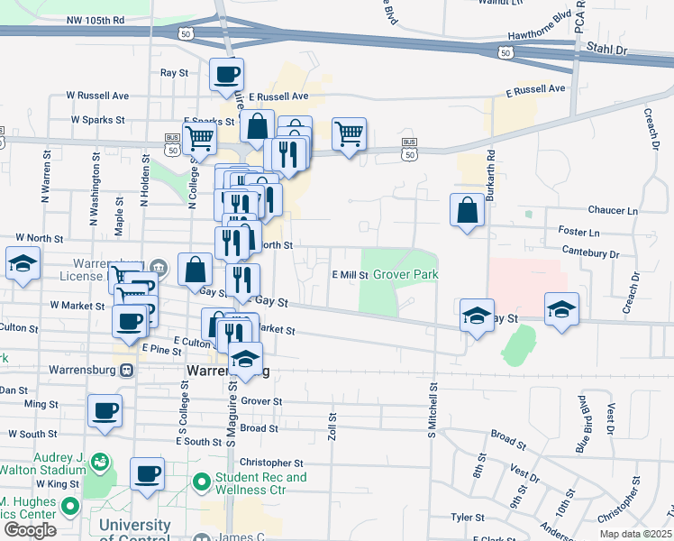 map of restaurants, bars, coffee shops, grocery stores, and more near 418 East Mill Street in Warrensburg