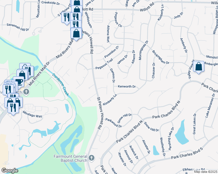 map of restaurants, bars, coffee shops, grocery stores, and more near 5 Danson Drive in St. Peters