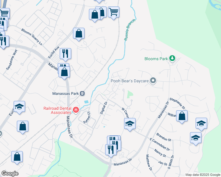 map of restaurants, bars, coffee shops, grocery stores, and more near 9710 Handerson Place in Manassas Park