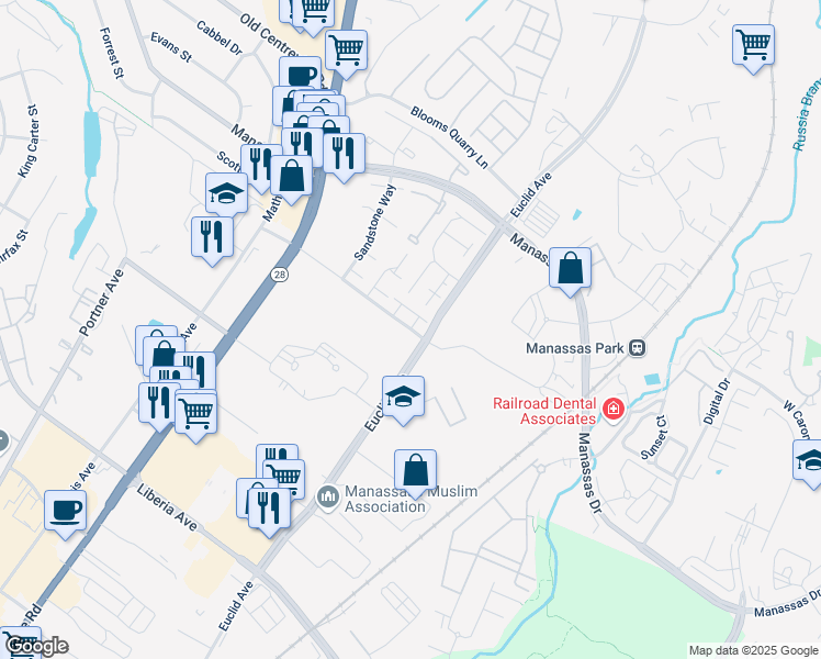 map of restaurants, bars, coffee shops, grocery stores, and more near Conner Drive in Manassas