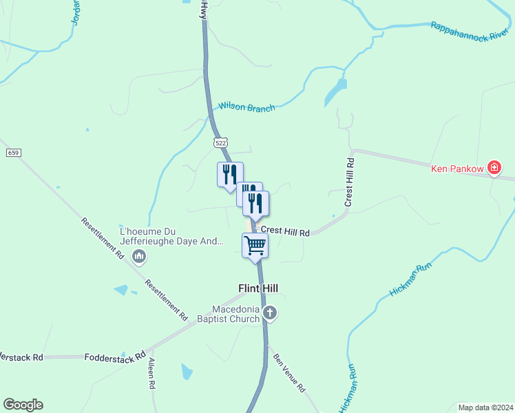 map of restaurants, bars, coffee shops, grocery stores, and more near 664 Zachary Taylor Highway in Flint Hill
