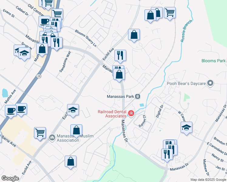 map of restaurants, bars, coffee shops, grocery stores, and more near 170 Market Street in Manassas Park