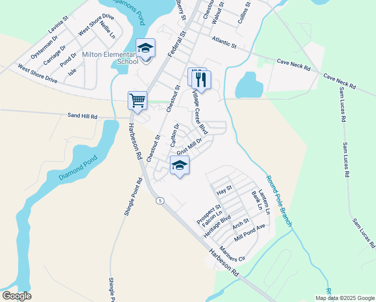 map of restaurants, bars, coffee shops, grocery stores, and more near 224 Sundance Lane in Milton