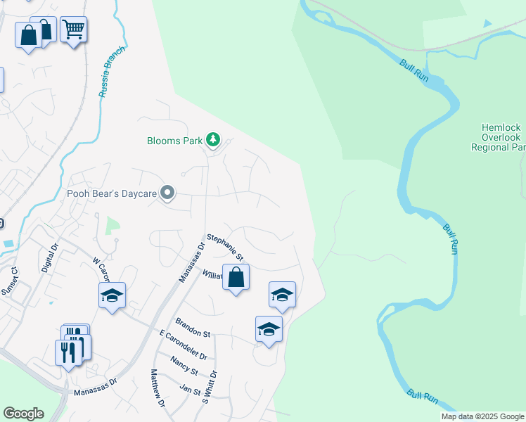 map of restaurants, bars, coffee shops, grocery stores, and more near 9305 Karen Court in Manassas Park