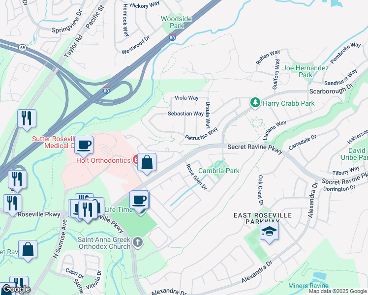 map of restaurants, bars, coffee shops, grocery stores, and more near 1501 Secret Ravine Parkway in Roseville