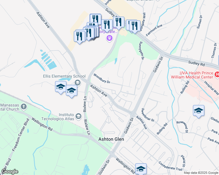 map of restaurants, bars, coffee shops, grocery stores, and more near 10142 Statesboro Court in Manassas