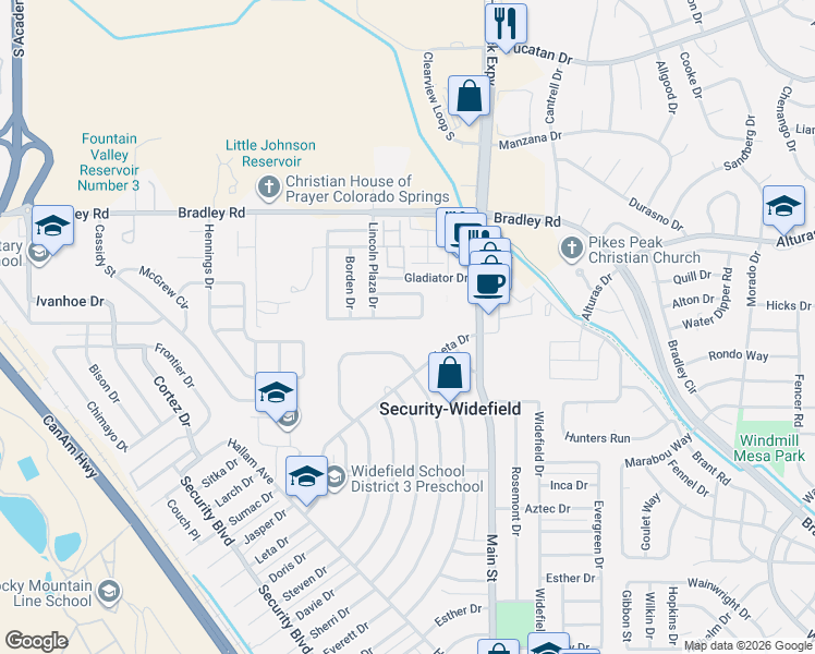 map of restaurants, bars, coffee shops, grocery stores, and more near 802 Leta Drive in Colorado Springs