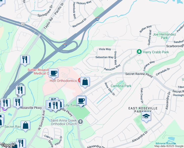 map of restaurants, bars, coffee shops, grocery stores, and more near 1501 Secret Ravine Parkway in Roseville