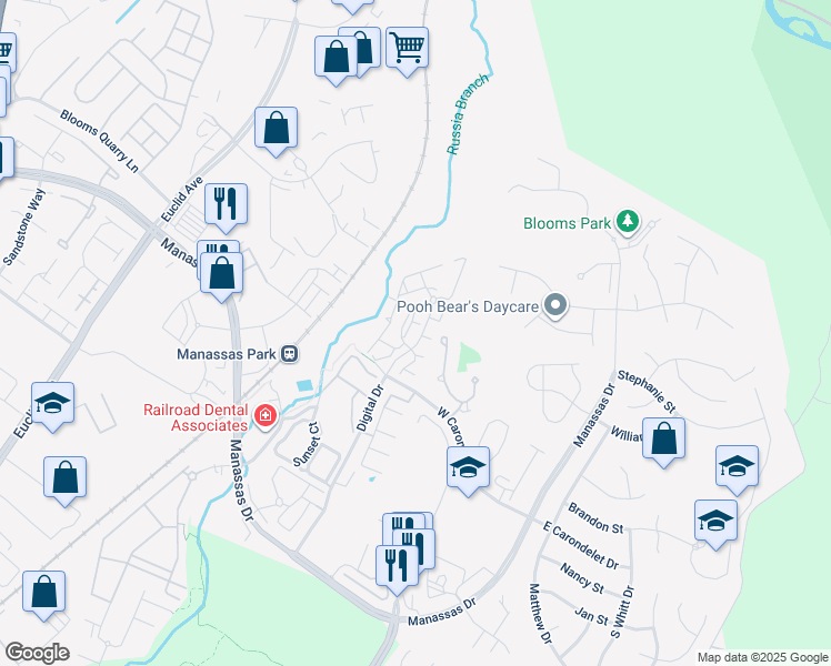 map of restaurants, bars, coffee shops, grocery stores, and more near 9711 Handerson Place in Manassas Park