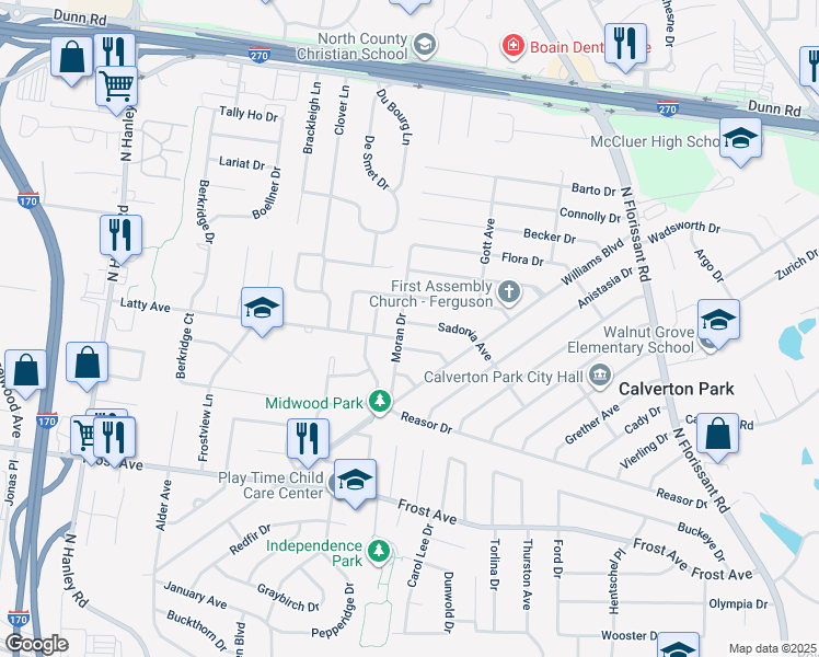map of restaurants, bars, coffee shops, grocery stores, and more near 235 Manning Avenue in St. Louis