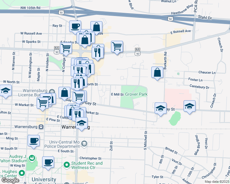map of restaurants, bars, coffee shops, grocery stores, and more near 418 East Mill Street in Warrensburg