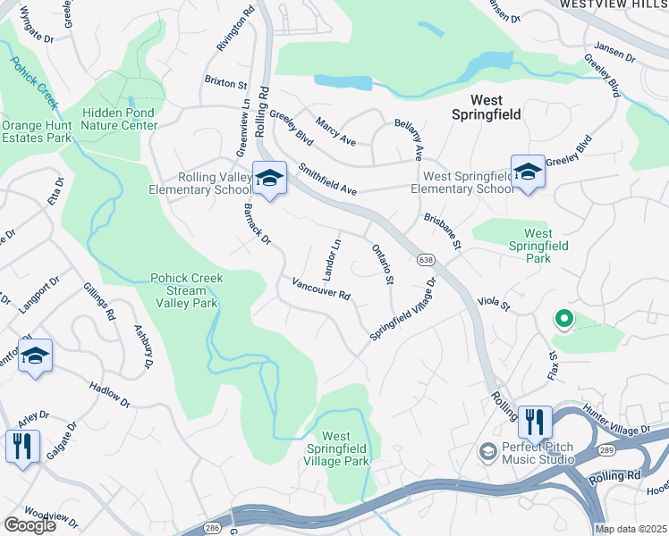 map of restaurants, bars, coffee shops, grocery stores, and more near 6811 Landor Lane in West Springfield