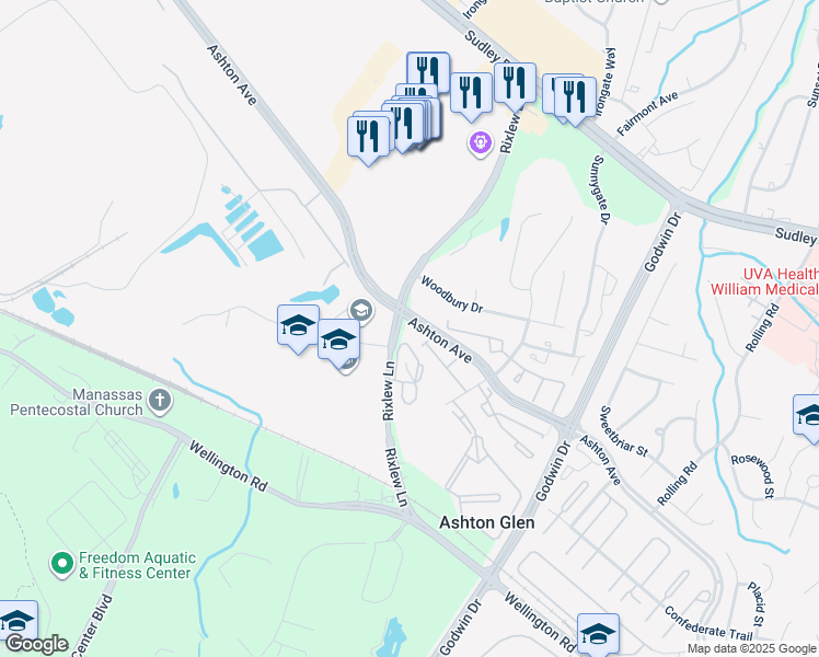 map of restaurants, bars, coffee shops, grocery stores, and more near 10148 Wilmington Street in Manassas