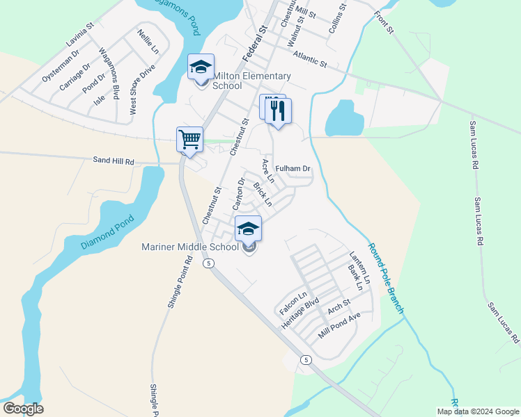 map of restaurants, bars, coffee shops, grocery stores, and more near 224 Sundance Lane in Milton