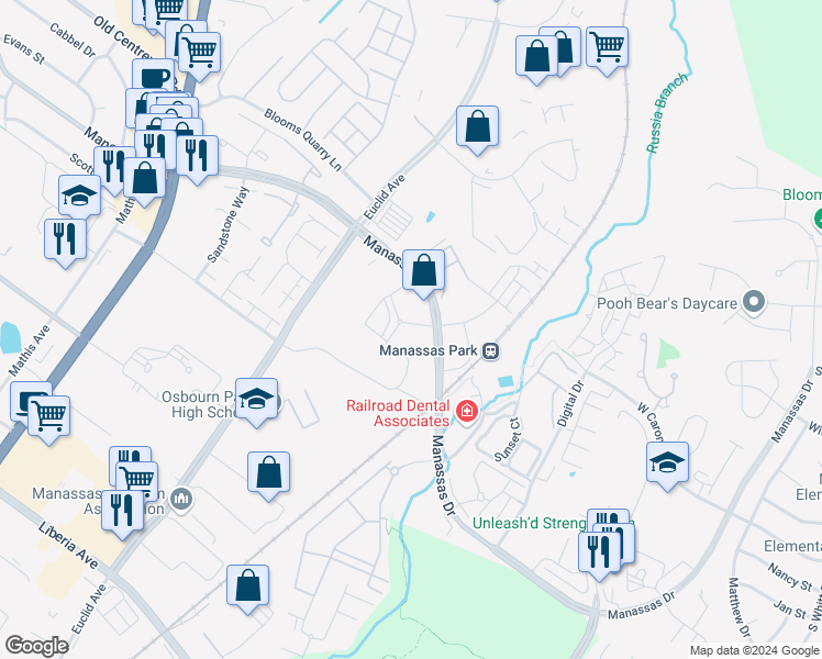 map of restaurants, bars, coffee shops, grocery stores, and more near 170 Market Street in Manassas Park