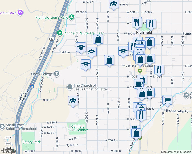 map of restaurants, bars, coffee shops, grocery stores, and more near 144 South 400 West in Richfield