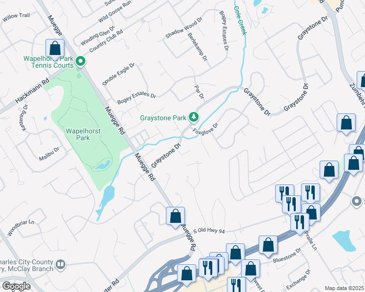 map of restaurants, bars, coffee shops, grocery stores, and more near 25 Graystone Court in Saint Charles