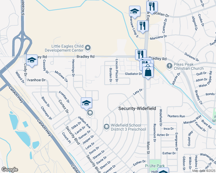 map of restaurants, bars, coffee shops, grocery stores, and more near 4618 Witches Hollow Lane in Colorado Springs