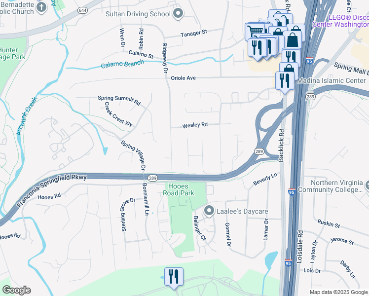 map of restaurants, bars, coffee shops, grocery stores, and more near 6996 Caton Woods Court in Springfield