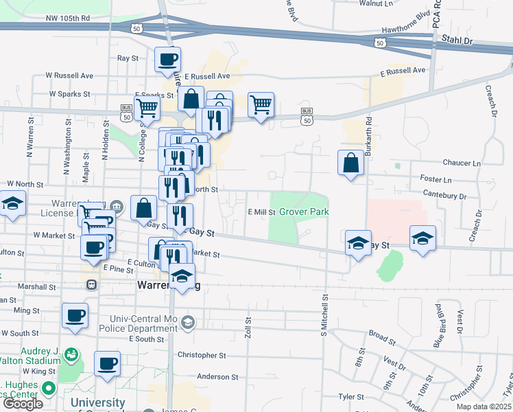map of restaurants, bars, coffee shops, grocery stores, and more near 418 East Mill Street in Warrensburg