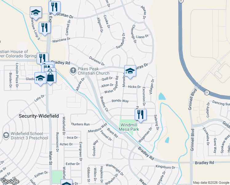map of restaurants, bars, coffee shops, grocery stores, and more near 5277 Water Dipper Road in Colorado Springs